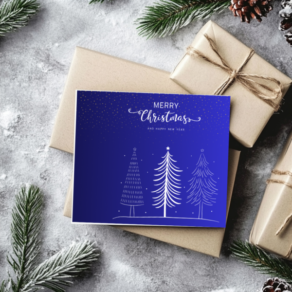 Elegant Christmas card with three Christmas Trees please choose between red or blue or order both