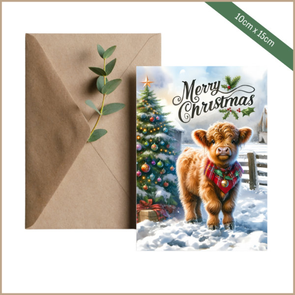 Highland Cow Christmas Card 10cm wide by 15 cm heigh