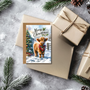 Highland Cow Christmas Card 10cm wide by 15 cm heigh