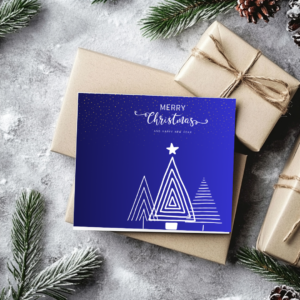 Christmas Card with three christmas trees available in red or blue