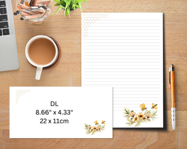 Honey bee letter writing set with 20 sheets of a4 paper and 10 printed DL envelopes