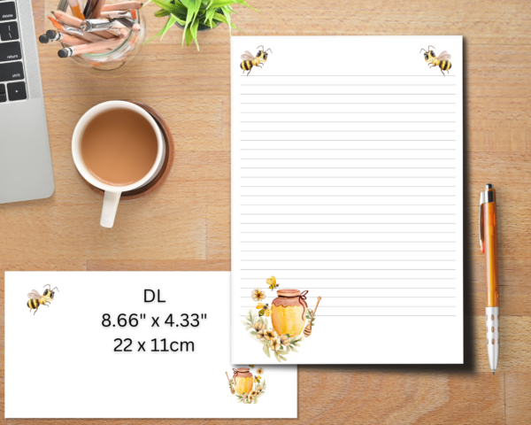 Bees and Honey Stationary set with 20 A4 writing papers and 10 printed DL Envelopes