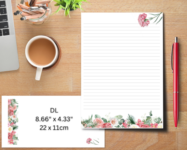 Roses and Carnations Writing paper set with 20 sheets of a4 paper and 10 envelopes