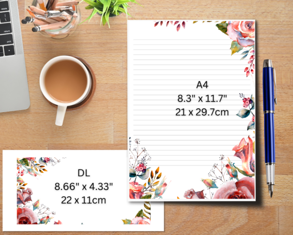 Pink Floral Writing Paper Set with 20 sheets of A4 writing paper and 10 DL envelopes