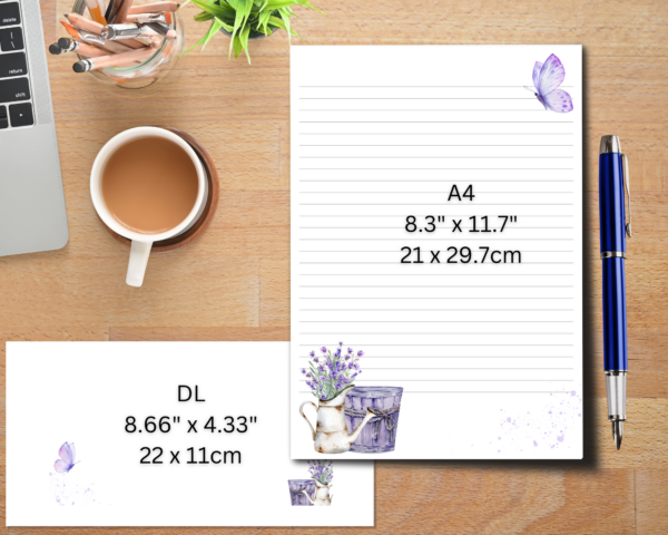 Lavender and Butterfly Stationary Set with 20 sheets of a4 printed writing paper and 10 DL printed envelopes