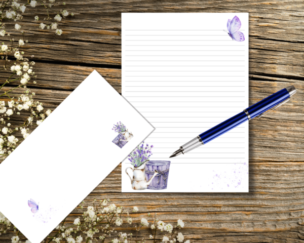 Lavender and Butterfly Stationary Set with 20 sheets of a4 printed writing paper and 10 DL printed envelopes