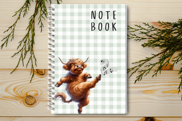 A4 / A5 Notebook Spiral Bound with a Highland Cow Ceidlidh Dancing