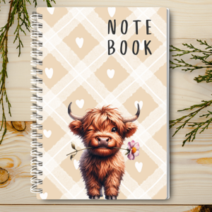 Our A4 or A5 Notebook with a Highland Cow Holding Bringing a flower on the cover is handmade by a small business in Ballachulish, Scotland.