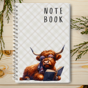 A4 / A5 Notebook Spiral Bound with a Highland Cow Reading a Book