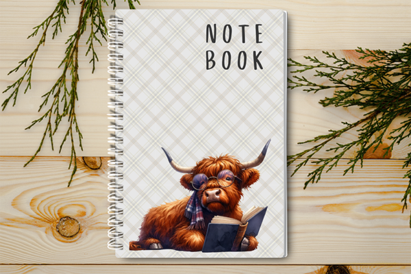 A4 / A5 Notebook Spiral Bound with a Highland Cow Reading a Book