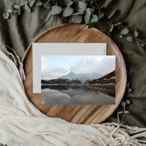 Pap of Glencoe Greeting Card, beautiful photography by Ballachulish photographer Maresa Sinclair. The reflection of the Pap in Loch Leven just creates a winter wonderland.