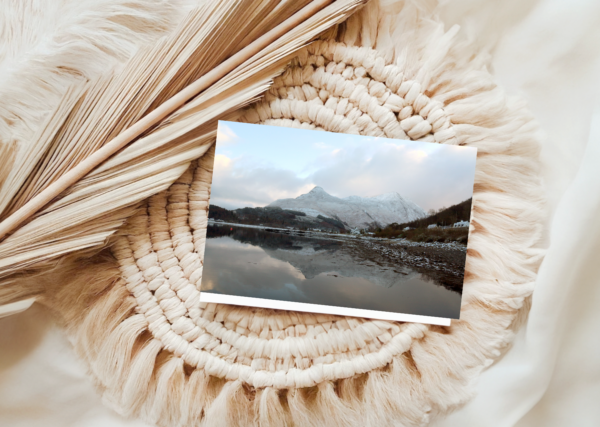 Pap of Glencoe Greeting Card, beautiful photography by Ballachulish photographer Maresa Sinclair. The reflection of the Pap in Loch Leven just creates a winter wonderland.